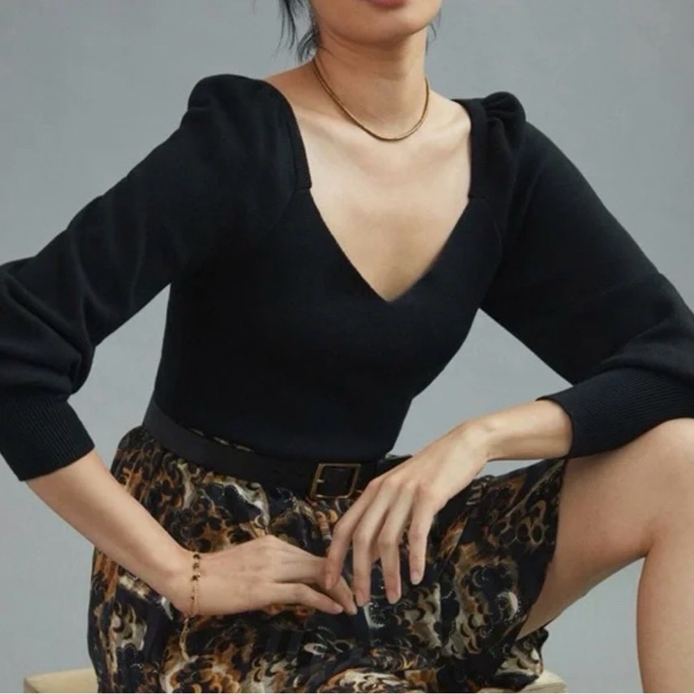 NWT Anthropologie Sweetheart Puff Sleeve Sweater Balloon Sleeve Pullover Black M